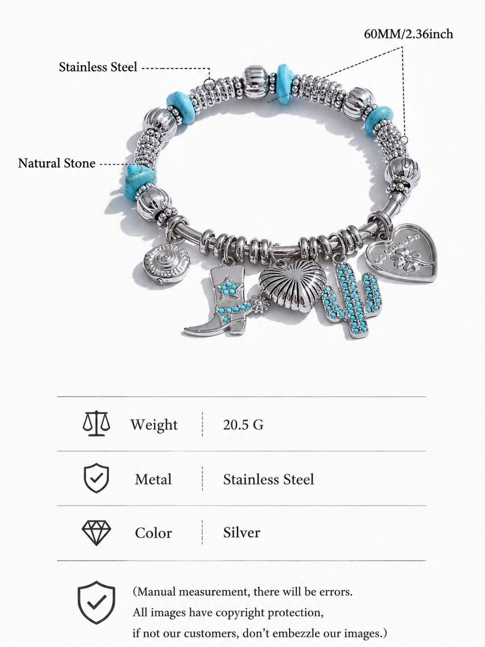 Silver-Tone Charm Bracelet with Turquoise Accents - Picture 2 of 4